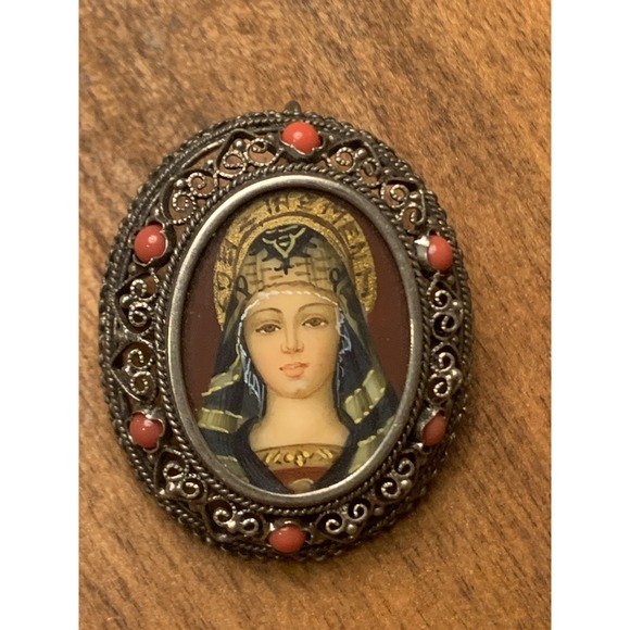 The Unbranded Brand Jewelry - Antique 800 silver filigree Lady portrait coral pendant brooch Pin Hand painted